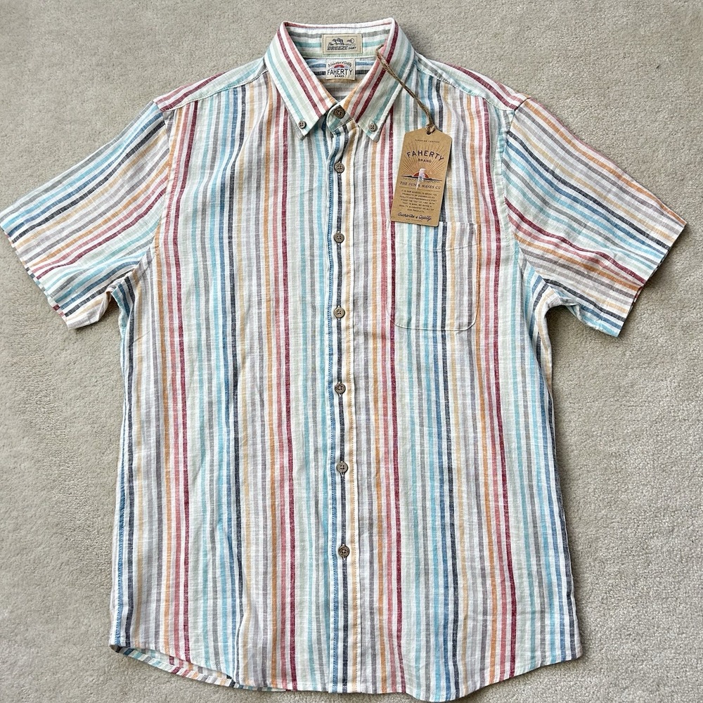 Faherty Breeze Shirt Mens XXL Striped Short Sleeve Button Up Linen Blend